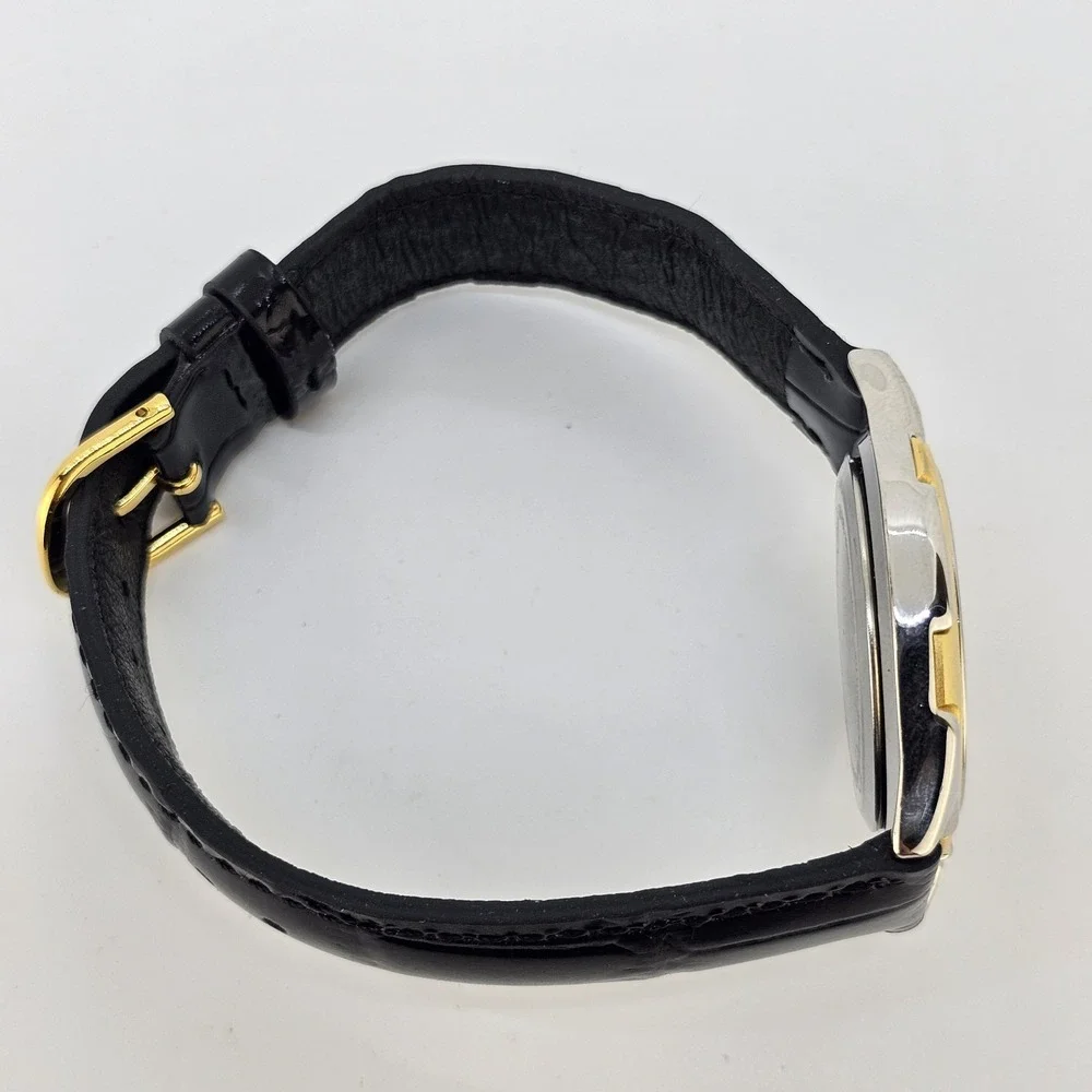 Men's Analog Dress Watch 37MM Light Gold Dial Black Leather Bands New Battery